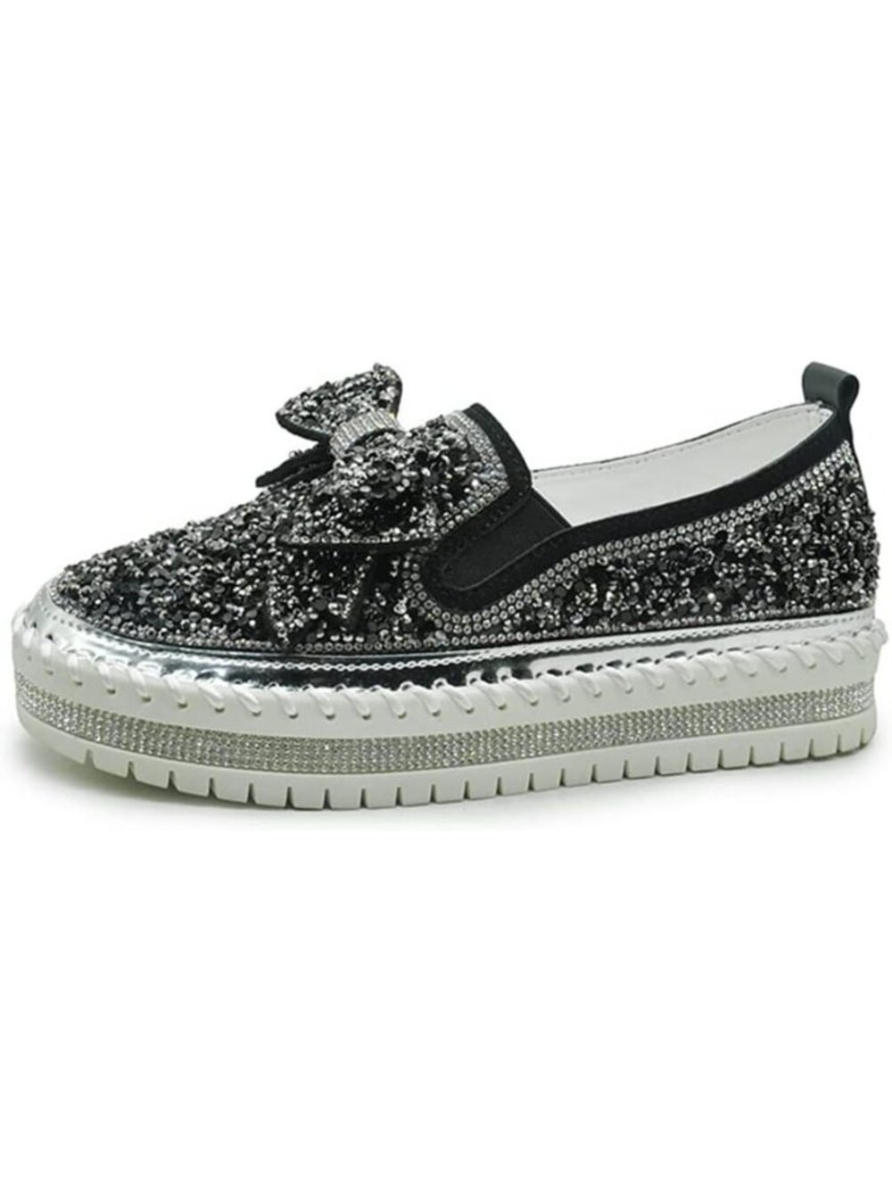 Women's Black Rhinestones Glitter Fashion Bowknot Casual Walking Flat Sneakers